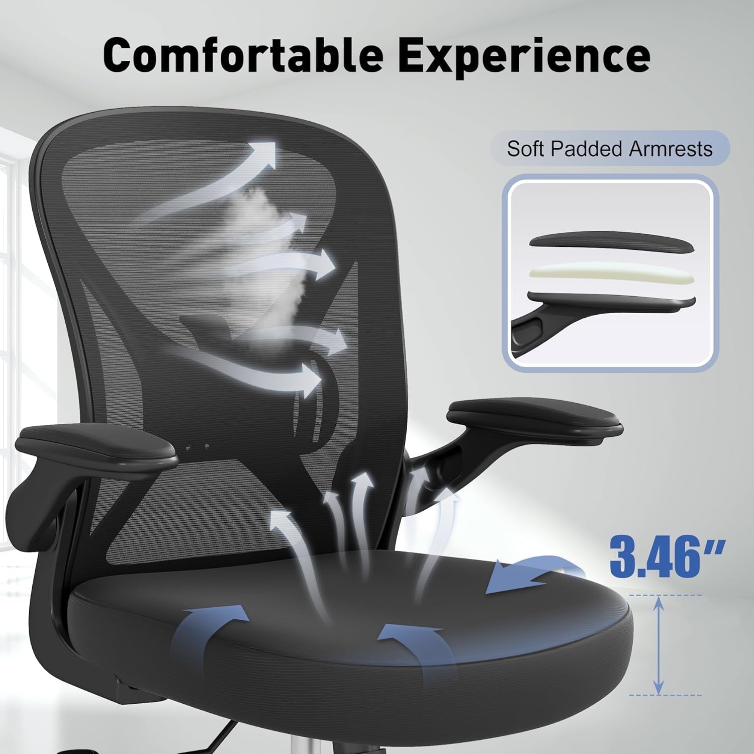 YERAIRR Office Chair, Ergonomic Desk Chair with Lumbar Support and Adjustable Armrests,Breathable Mesh Mid Back Computer Chair, Reclining Task Chair for Home Office, Black